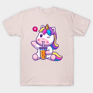 Cute Unicorn Drink Boba Milk Tea Cartoon T-Shirt